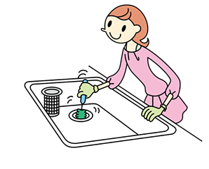 排水口のトラップ内部は、水で湿らせた柄付きブラシに台所用洗剤をつけて、こすります。