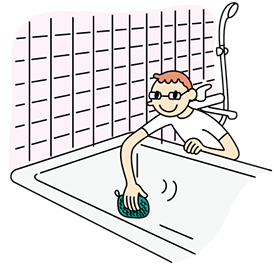 お湯を抜いて温かいうちに、水で湿らせた洗剤不要のスポンジで、浴槽をこすります。