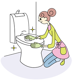 ぞうきんにトイレ用除菌剤をスプレーし、フタ、便座、便器の外側を拭きます。または、除菌クロスで拭きます。