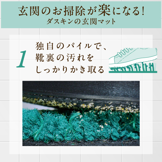 独自のパイルで、靴裏の汚れをしっかりかき取る