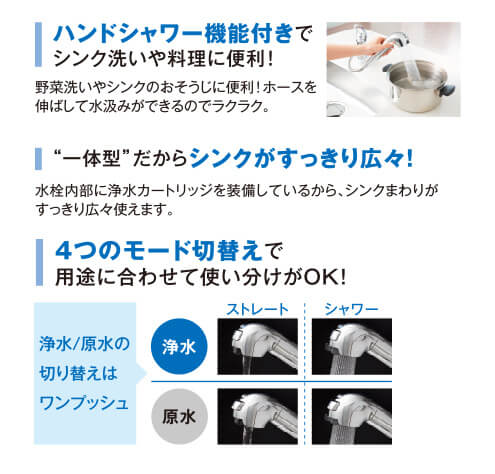 ハンドシャワー機能付きでシンク洗いや料理に便利！“一体型”だからシンクがすっきり広々！4つのモード切換えで用途に合わせて使い分けがOK！