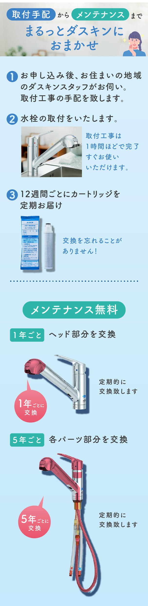 取付手配からメンテナンスまでまるっとダスキンにおまかせ