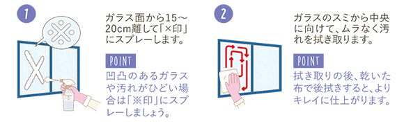 ガラス面から15～20㎝話して「×印」にスプレーします。凹凸のあるガラスや汚れがひどい場合は「×印」にスプレーしましょう。