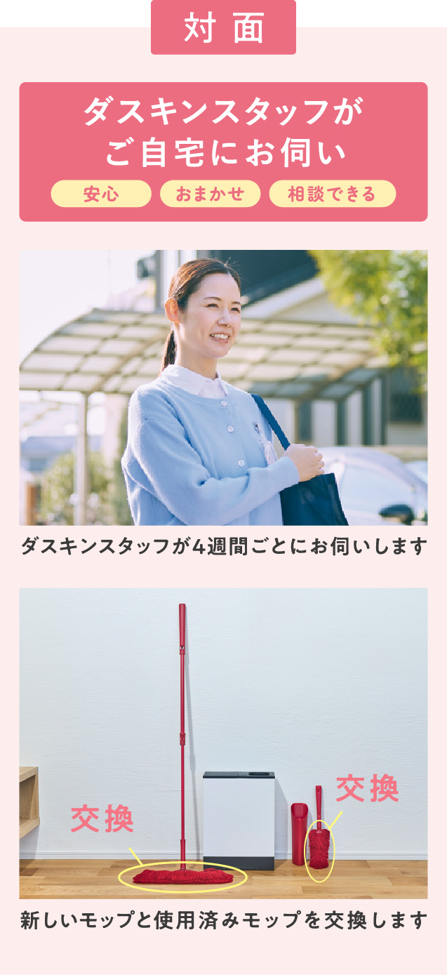 対面／ダスキンスタッフがご自宅にお伺い（安心・おまかせ・相談できる）／ダスキンスタッフが4週間ごとにお伺いします／新しいモップと使用済みモップを交換します
