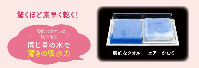 驚くほど素早く乾く！一般的なタオルと比べると、同じ量の水で驚きの吸引力
