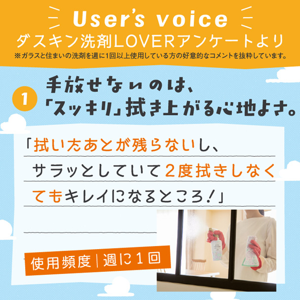 User's voice ダスキン洗剤LOVERアンケートより ①手放せないのは、「スッキリ」拭き上がる心地よさ。 「拭いたあとが残らないし、サラッとしていて2度拭きしなくてもキレイになるところ!」 使用頻度|週に1回