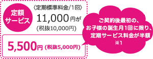 ご契約後最初のママの誕生月は定期1回半額。定期サービス定期標準料金11,000円が5,500円