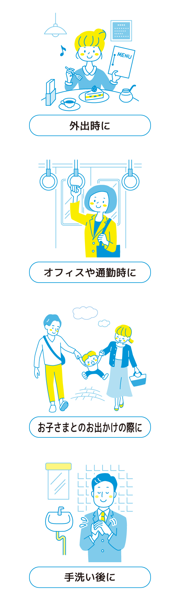 外出時に・オフィスや通勤時に・お子さまとのお出かけの際に・手洗い後に