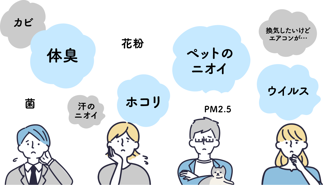 カビ 体臭 花粉 ペットのニオイ 換気したいけどエアコンが... 菌 汗のニオイ ホコリ PM2.5 ウイルス