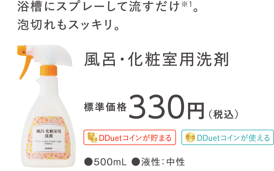 あたたかい浴槽にスプレーして流すだけ。泡切れもスッキリ。 風呂・化粧室用洗剤 標準価格330円（税込）