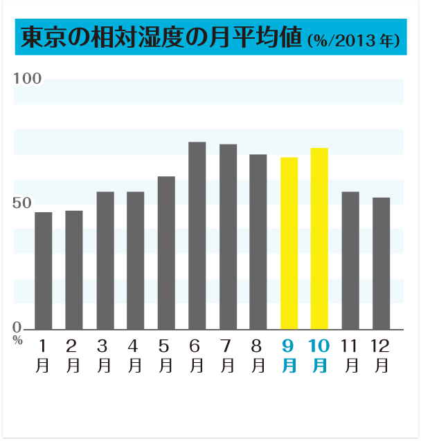 東京の相対湿度の月平均値(％/2013年)