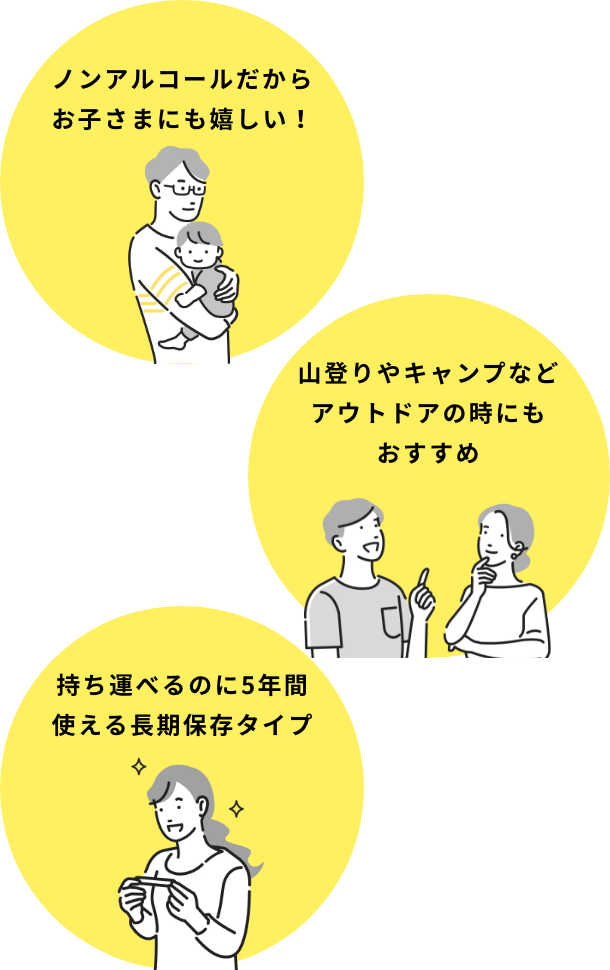 ノンアルコールだからお子さまにも嬉しい！／山登りやキャンプなどアウトドアの時にもおすすめ／持ち運べるのに5年間使える長期保存タイプ