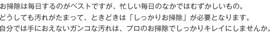 お掃除は毎日するのがベストですが、忙しい毎日のなかではむずかしいもの。どうしても汚れがたまって、ときどきは「しっかりお掃除」が必要となります。自分では手におえないガンコな汚れは、プロのお掃除でしっかりキレイにしませんか。