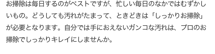 お掃除は毎日するのがベストですが、忙しい毎日のなかではむずかしいもの。どうしても汚れがたまって、ときどきは「しっかりお掃除」が必要となります。自分では手におえないガンコな汚れは、プロのお掃除でしっかりキレイにしませんか。