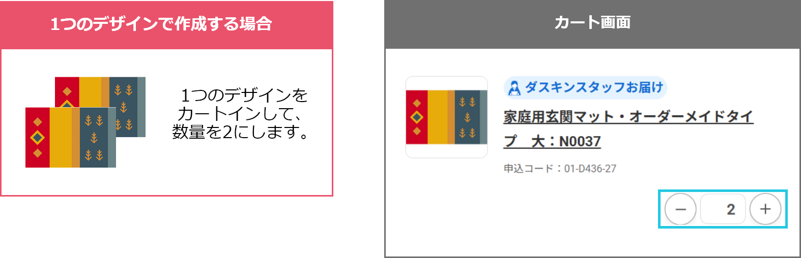 1つのデザインで作成する場合は1つのデザインをカートインして、数量を2にします。