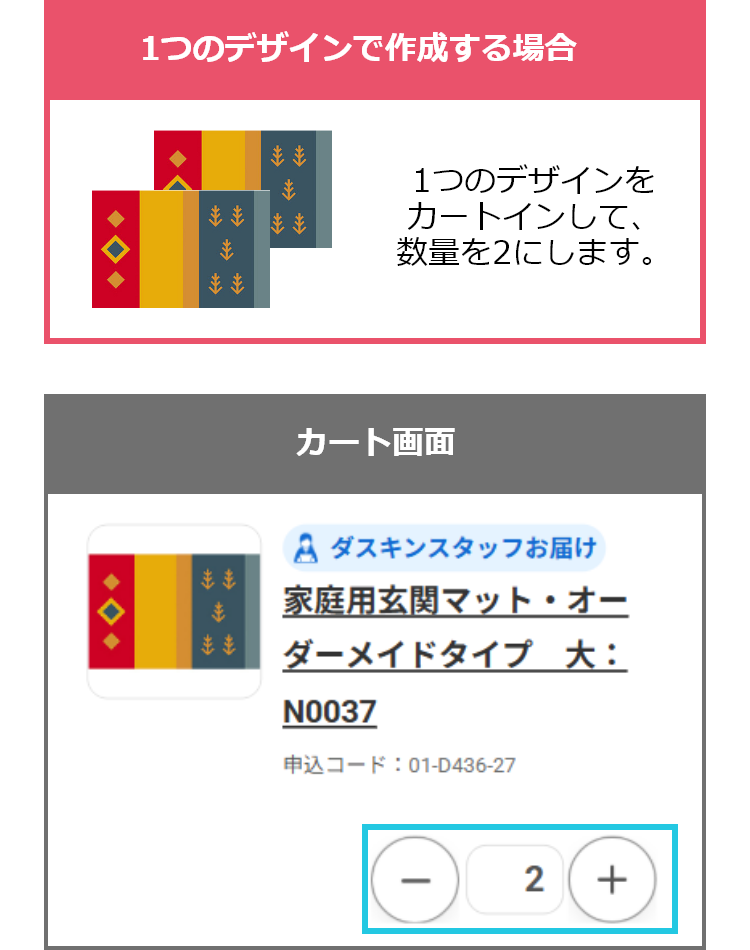 1つのデザインで作成する場合は1つのデザインをカートインして、数量を2にします。