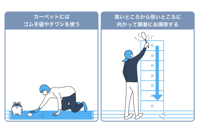 カーペットにはゴム手袋やタワシを使う／高いところから低いところに向かって順番にお掃除する