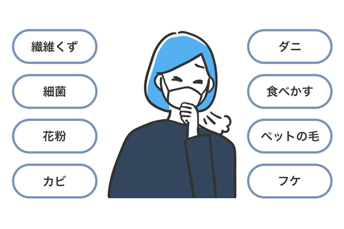 繊維くず、細菌、花粉、カビ、ダニ、食べかす、ペットの毛、フケ
