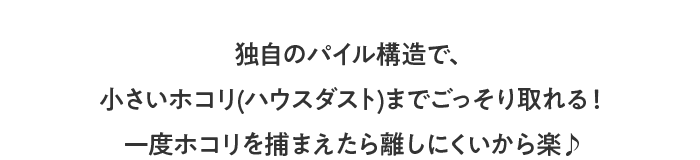 独自のパイル構造で、小さいほこり(ハウスダスト)までごっそり取れる！一度ほこりを捕まえたら離しにくいから楽
