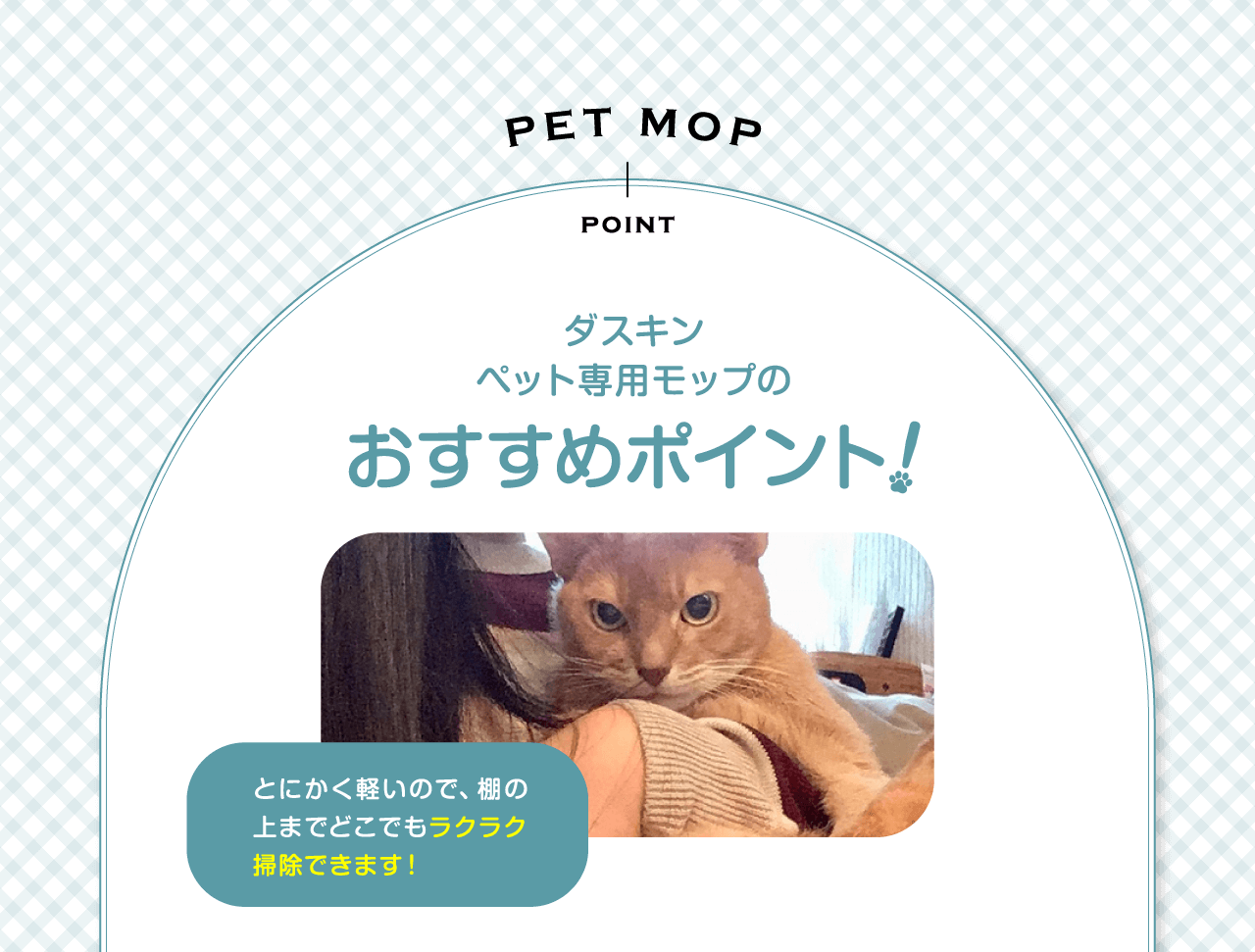 ダスキンペット専用モップのおすすめポイントとにかく軽いので、棚の上までどこでもラクラク掃除できます！