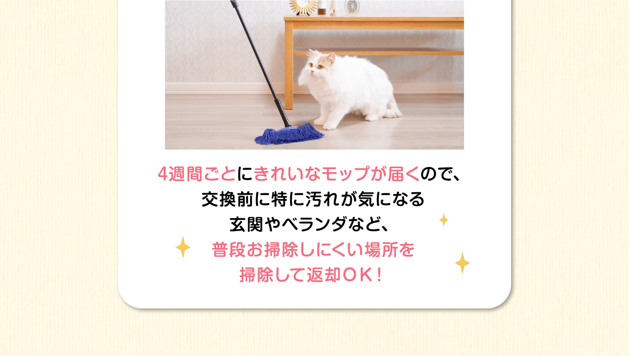 4週間ごとにきれいなモップが届くので、交換前に特に汚れが気になる玄関やベランダなど、普段お掃除しにくい場所を掃除して返却ＯＫ！