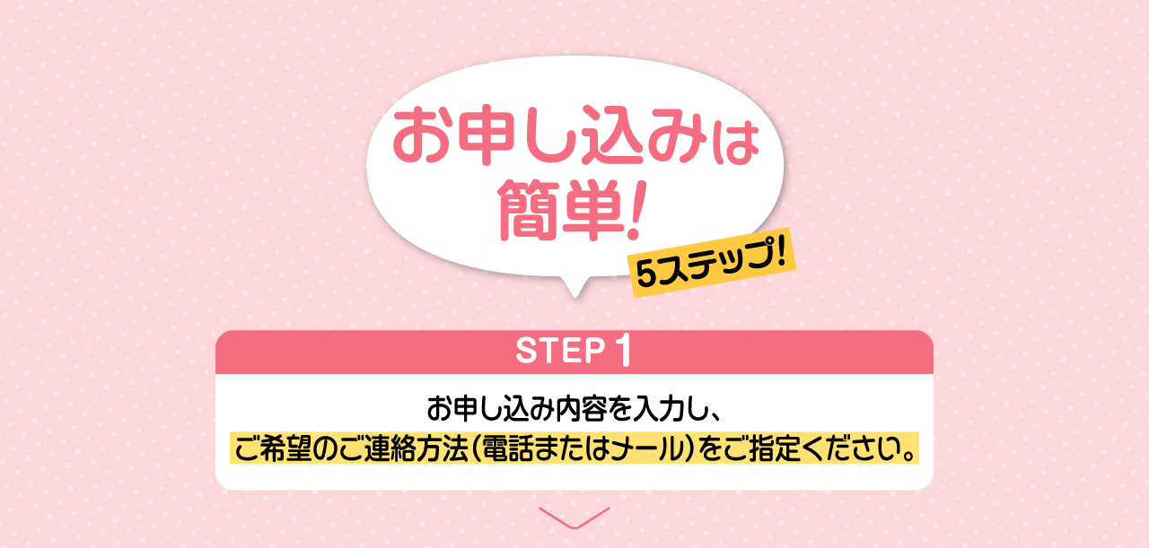 お申し込みは簡単！5ステップ!　STEP1お申し込み内容を入力し、ご希望のご連絡方法（電話またはメール）をご指定ください