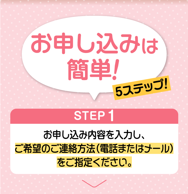 お申し込みは簡単！5ステップ!　STEP1お申し込み内容を入力し、ご希望のご連絡方法（電話またはメール）をご指定ください