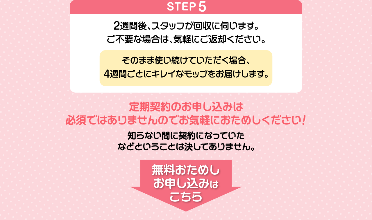 STEP5２週間後、スタッフが回収に伺います。ご不要な場合は、気軽にご返却ください。そのまま使い続けていただく場合、４週間ごとにキレイなモップをお届けします。定期契約のお申し込みは必須ではありませんのでお気軽におためしください！知らない間に契約になっていたなどということは決してありません。