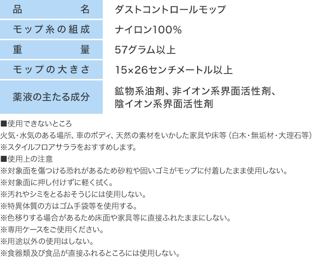 品名：ダストコントロールモップ　モップ糸の組成：ナイロン100％　重量：57グラム以上　モップの大きさ：15×26センチメートル以上　薬液の主たる成分：鉱物系油剤、非イオン系界面活性剤、陰イオン系界面活性剤　■使用できないところ　火気・水気のある場所、車のボディ、天然の素材をいかした家具や床等（白木・無垢材・大理石等）※スタイルフロアサララをおすすめします。■使用上の注意　※対象面を傷つける恐れがあるため砂粒や固いゴミがモップに付着したまま使用しない。※対象面に押し付けずに軽く拭く。※汚れやシミをとるおそうじには使用しない。※特異体質の方はゴム手袋等を使用する。※色移りする場合があるため床面や家具等に直接ふれたままにしない。※専用ケースをご使用ください。※用途以外の使用はしない。※食器類及び食品が直接ふれるところには使用しない。