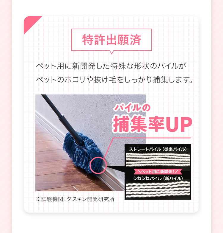 ＜特許出願済＞ペット用に新開発した特殊な形状のパイルがペットのホコリや抜け毛をしっかり捕集します。 パイルの捕集率UP ※試験機関：ダスキン開発研究所
