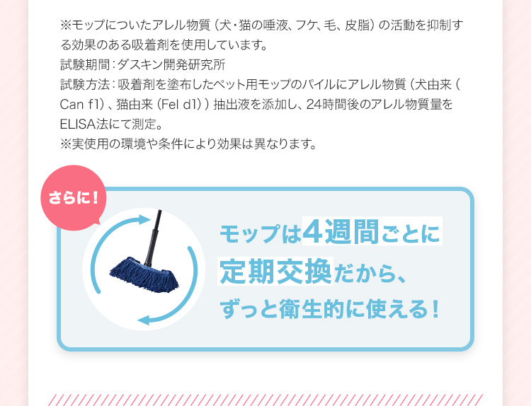 ※※モップについたアレル物質（犬・猫の唾液、フケ、毛、皮脂）の活動を抑制する効果のある吸着剤を使用しています。試験期間：ダスキン開発研究所試験方法：吸着剤を塗布したペット用モップのパイルにアレル物質（犬由来（Can f1）、猫由来（Fel d1））抽出液を添加し、24時間後のアレル物質量をELISA法にて測定。 ※実使用の環境や条件により効果は異なります。 さらに！ モップは4週間ごとに定期交換だから、ずっと衛生的に使える！