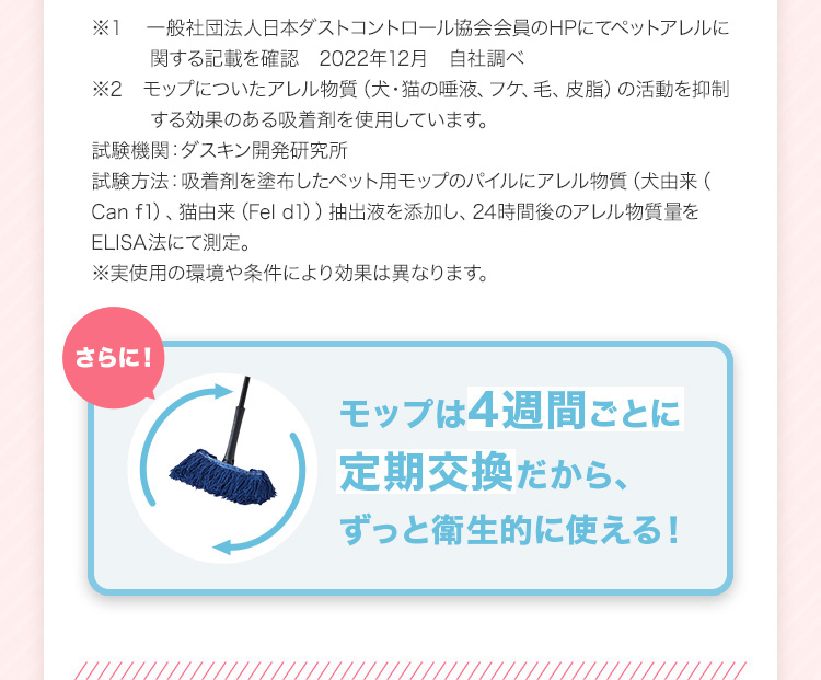 ※1 一般社団法人日本ダストコントロール協会会員のHPにてペットアレルに関する記載を確認 2022年12月 自社調べ※2 モップについたアレル物質(犬・猫の唾液、フケ、毛、皮脂)の活動を抑制 する効果のある吸着剤を使用しています。試験機関:ダスキン開発研究所試験方法:吸着剤を塗布したペット用モップのパイルにアレル物質(犬由来(Can f1)、猫由来(Fel d1))抽出液を添加し、24時間後のアレル物質量をELISA法にて測定。※実使用の環境や条件により効果は異なります。 さらに! モップは4週間ごとに定期交換だから、ずっと衛生的に使える!