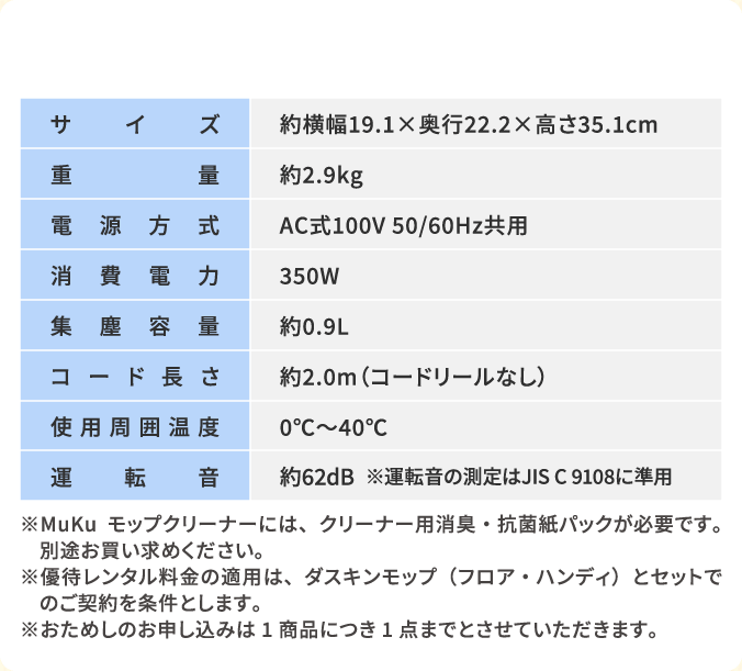 サイズ：約横幅19.1×奥行22.2×高さ35.1cm　重量：約2.9kg　電源方式：AC式100V 50/60Hz共用　消費電力：350W　集塵容量：約0.9L　コード長さ：約2.0m（コードリールなし）　使用周囲温度：0℃～40℃　※MuKuモップクリーナーには、クリーナー用消臭・抗菌紙パックが必要です。別途お買い求めください※優待レンタル料金の適用は、ダスキンモップ（フロア・ハンディ）とセットでのご契約を条件とします。※おためしのお申し込みは1商品につき1点までとさせていただきます。