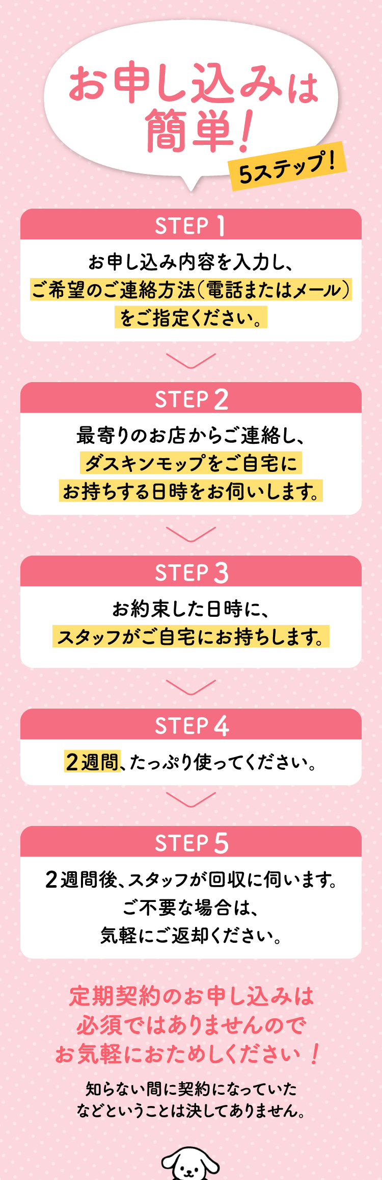 お申し込みは簡単！5ステップ。STEP1 お申し込み内容を入力し、ご希望のご連絡方法をご指定ください。STEP2 最寄りのお店からご連絡し、お持ちする日時をお伺いします。STEP3 お約束した日時にスタッフがご自宅にお持ちします。STEP4 2週間、たっぷり使ってください。STEP5 2週間後、スタッフが回収に伺います。定期契約のお申し込みは必須ではありませんのでお気軽におためしください！