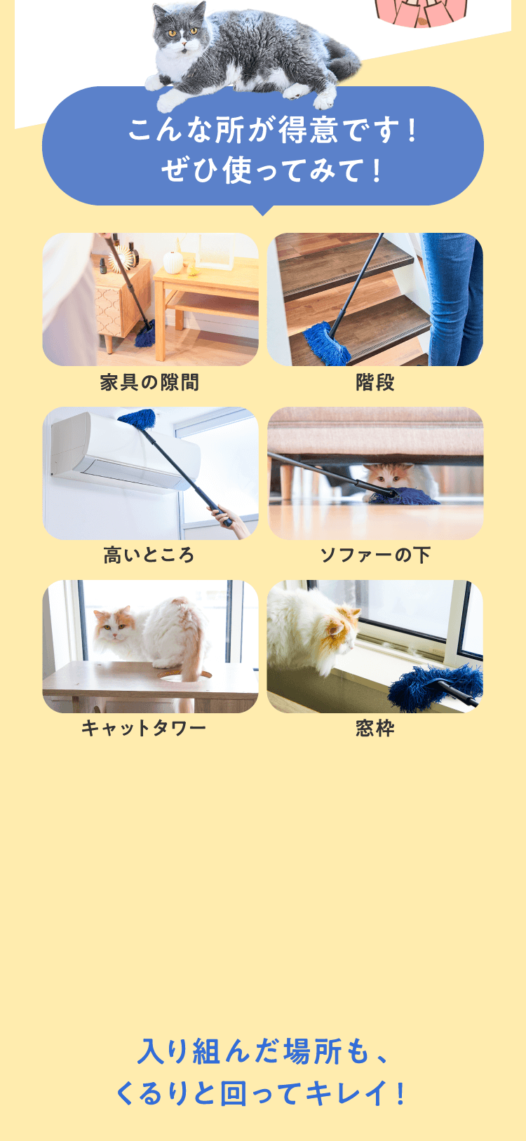 こんな所が得意です！ぜひ使ってみて！家具の隙間・階段・高いところ・ソファーの下・キャットタワー・窓枠。入り組んだ場所も、くるりと回ってキレイ！