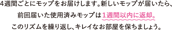 ４週間ごとにモップをお届けします。新しいモップが届いたら、前回届いた使用済みモップは１週間以内に返却。このリズムを繰り返し、キレイなお部屋を保ちましょう。