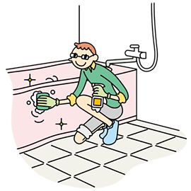 水で湿らせたスポンジに浴室用洗剤をスプレーし、円を描くように洗剤をなじませ、全体をこすります。