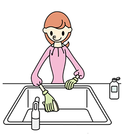 水で湿らせたスポンジに台所用洗剤をつけ、こすります。