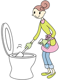 便器の中にトイレ用洗剤（中性タイプ）をかけ、トイレ用ブラシでこすります。かえしのあるものは、便器の縁の内側もこすります。