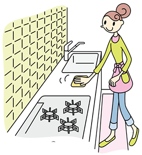 調理台を使い終わったらすぐに、水に浸し固く絞ったふきんで拭く。
