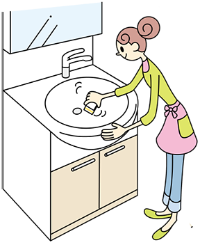 水で湿らせた洗剤不要のスポンジで、洗面ボウルをこすります。または、水で湿らせたメラミンフォームのスポンジでこすります。