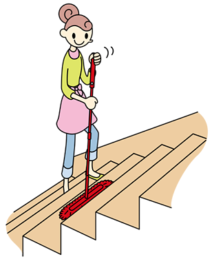 フローリングの階段なら化学モップで、カーペット敷きの階段なら粘着ローラーで、階段のホコリやゴミを取ります。