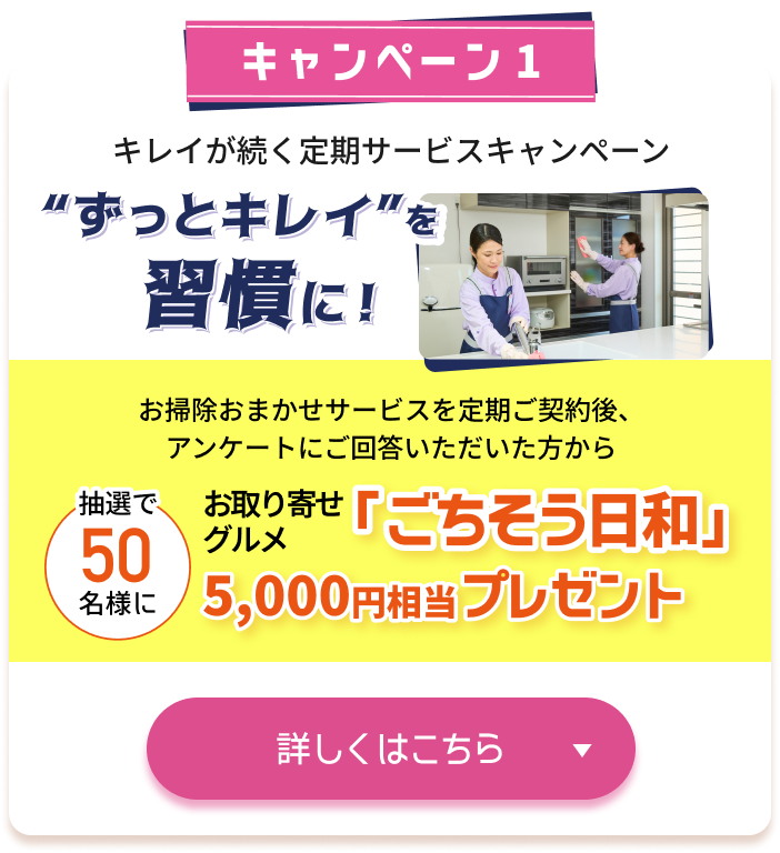 キャンペーン1 キレイが続く定期サービスキャンペーン “ずっとキレイ”を習慣に！ お取り寄せグルメ「ごちそう日和」5,000円相当を抽選で50名様にプレゼント