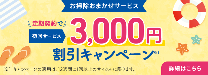 お掃除おまかせサービス 定期契約で初回サービス 3,000円割引キャンペーン ※1 キャンペーンの適用は、12週間に1回以上のサイクルに限ります。詳細はこちら