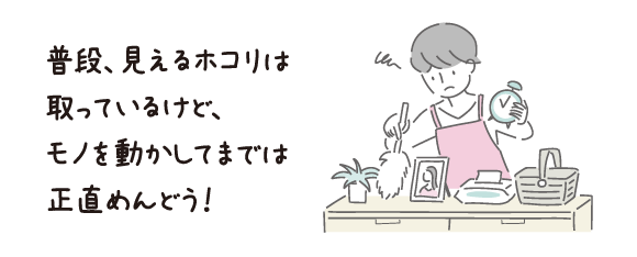 普段、見えるホコリは取っているけど、モノを動かしてまでは正直めんどう！