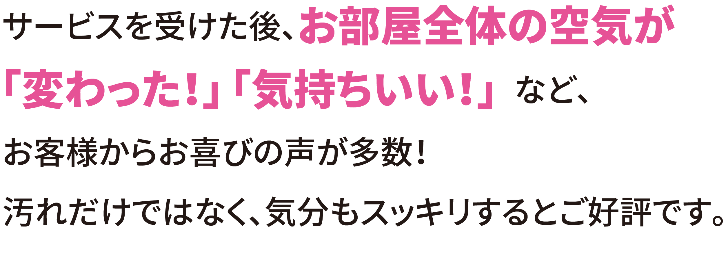サービスを受けた後、お部屋全体の空気が「変わった！」「気持ちいい！」 など、お客様からお喜びの声が多数！汚れだけではなく、気分もスッキリするとご好評です。