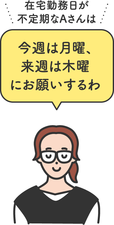 在宅勤務日が不定期なAさんは 今週は月曜、来週は木曜にお願いするわ