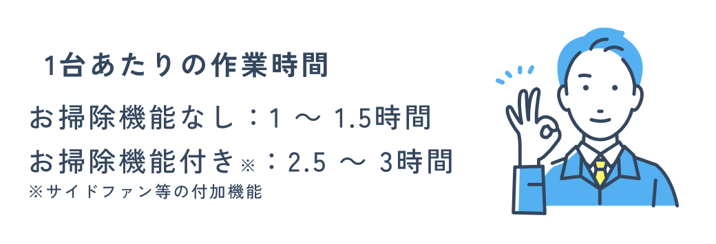 1台あたりの作業時間 お掃除機能なし：1 ～ 1.5時間 お掃除機能付き※：2.5 ～ 3時間