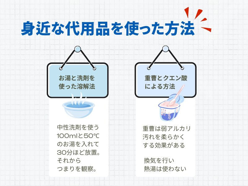 身近な代用品を使った方法 お湯と洗剤を使った溶解法 重曹とクエン酸による方法 