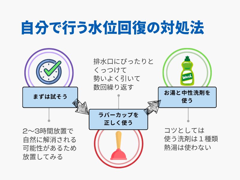 自分で行う水位回復の対処法 2～3時間放置をまずは試そう ラバーカップ（スッポン）を正しく使う お湯と中性洗剤を使う